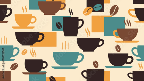 Seamless Pattern of Coffee Cups and Beans with Steaming Mugs and Modern Style