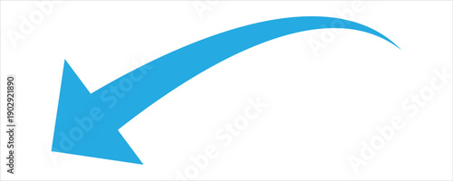 A single blue curved arrow pointing downwards. Blue arrow isolated on a white background. This arrow  use symbolizing direction, navigation , movement, downfall. Vector illustration.