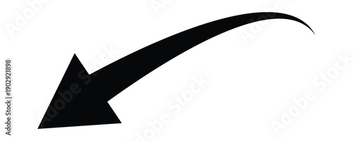 Black curved arrow pointing downwards and to the left direction. Black  Arrow Illustrating downfall and regress. Curved arrow isolated on white background. Vector illustration.