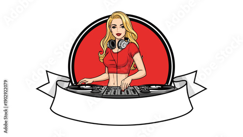 Vector illustration of a blonde female DJ spinning tracks at a club event