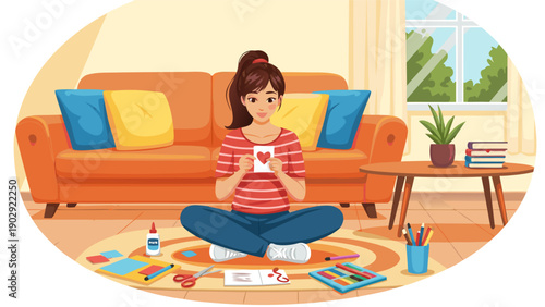 Young woman creating a vector illustration on paper, sitting cross-legged on a colorful rug in a cozy living room with a couch and plants nearby