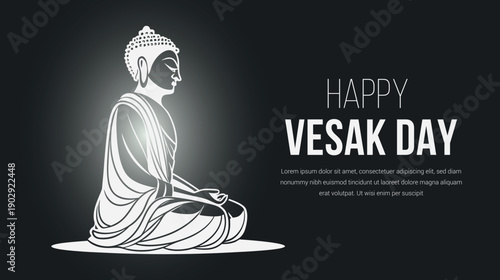 A serene glowing buddha outline illustration against a dark background, celebrating happy vesak day with elegant typography