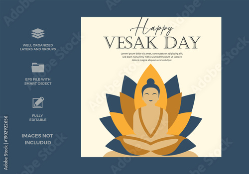 An elegant illustration celebrating happy vesak day, featuring buddha meditating in a stylized lotus flower design