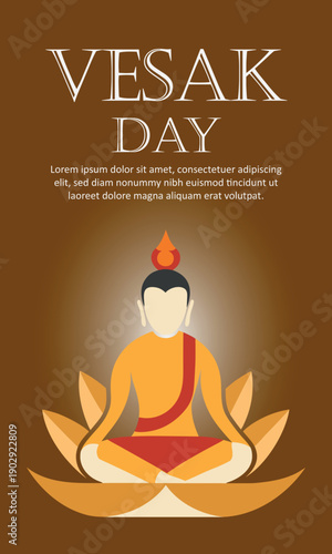 Vesak day celebration featuring a serene buddha figure meditating on a golden lotus flower against a warm, spiritual background