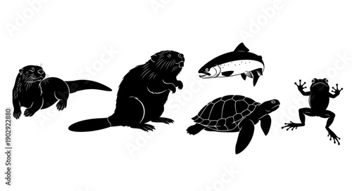Collection of animal silhouettes including a beaver and frog.