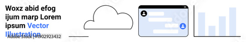 Cloud services, online communication, data sharing, data visualization, remote work, digital transformation. Cloud, chat interface bar graph. Cloud services and online communication
