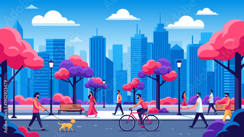Vector illustration of people walking and cycling in a vibrant city park with trees and skyscrapers 119.eps