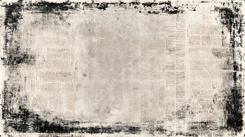 Distressed Newspaper Border with Faded Text and Grunge