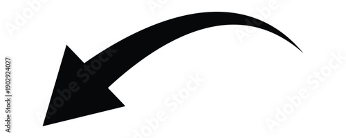 A black curved arrow pointing down and left direction. Arrow directional symbol for guidance, navigation, presentation design, infographic element, and modern visual communication concepts. Vector .