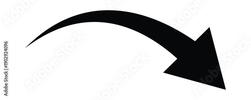 A black curved arrow pointing down and left direction. Arrow directional symbol for guidance, navigation, presentation design, infographic element, and modern visual communication concepts. Vector .