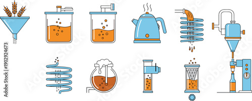 Brewing process icons showing fermentation distillation filtration equipment wheat ingredients boiling vessels and beer production steps in modern beverage manufacturing illustration set