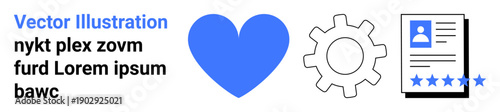 Collaboration, workflow, user reviews, creative process, teamwork, evaluation systems. Blue heart, gear icon and document with stars. Collaboration and workflow