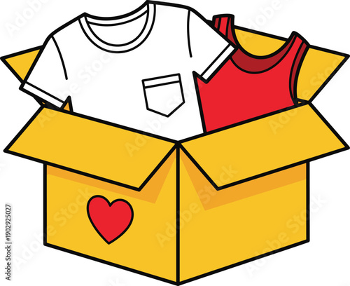 Clothing donation box illustration, charity clothes box, giving and sharing concept, folded garments in carton container with heart symbol for community support