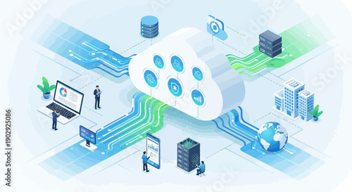 Cloud Computing Services and Digital Network Infrastructure Connecting Various Devices and Buildings