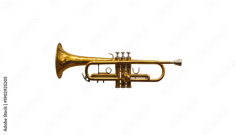 Obraz premium A gleaming brass trumpet, complete with mouthpiece and valves, is placed separately against a white background