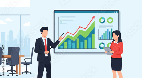 Business professionals presenting a growth chart on a digital screen in a modern office setting, illustrating financial success and strategic planning