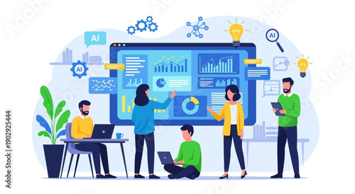 Modern business team collaborating on a digital strategy with charts, graphs, and AI elements on a large screen
