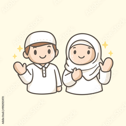 Muslim Couple Waving Hello Illustration for Icon, sticker and other uses, hand drawn vector.