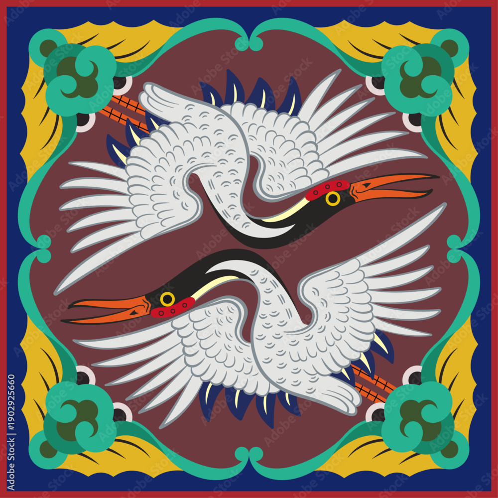 Fototapeta premium Korean Traditional Twin Crane Pattern Vector : Symbolic Illustration for Longevity, Marital Bliss, and Success | 한국 전통 쌍학(雙鶴)문양 벡터