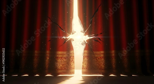 Heavy red velvet stage curtain with golden embroidery torn open in the middle by bright glowing light