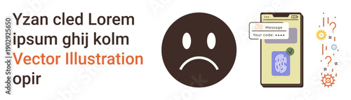 Online security, cybersecurity threats, online authentication, digital safety, error notifications, mobile issues. Sad face emotion and phone with security code message. Online security and threats