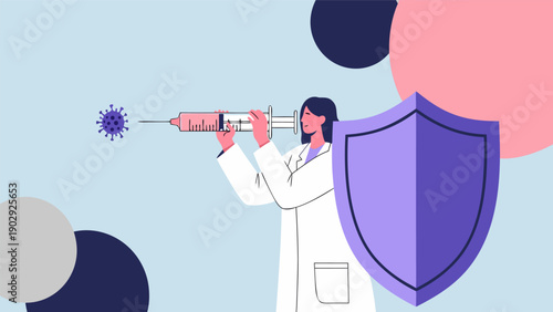 Scientist holding syringe with virus near shield vector illustration