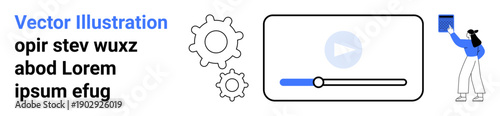 Digital media, video playback, workflow automation, data management, user interaction, creative tools. User interacting with a screen, gears and a play button. Digital media and video playback
