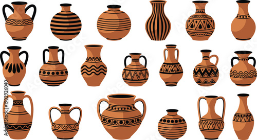 Collection of traditional clay pottery vases with decorative patterns, ancient ceramic jars, handcrafted earthenware vessels, cultural art design illustration set