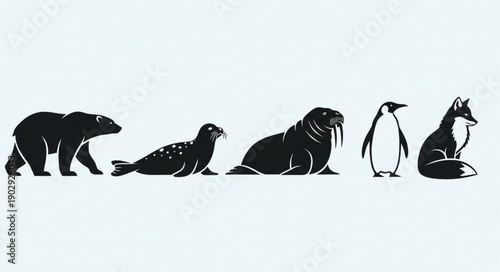 Collection of Arctic and Antarctic animal silhouettes in a row.