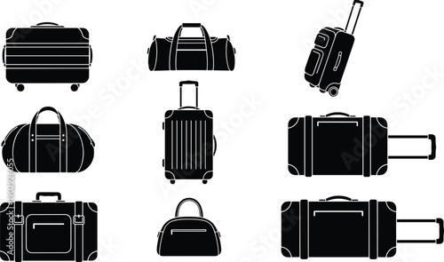 Collection of travel bags including duffel, suitcase, rolling luggage and hand bags illustrated in various positions for vacation, packing, tourism concepts