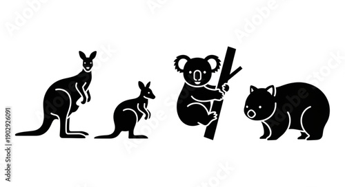 Collection of Australian animal silhouettes including kangaroo koala and wombat.