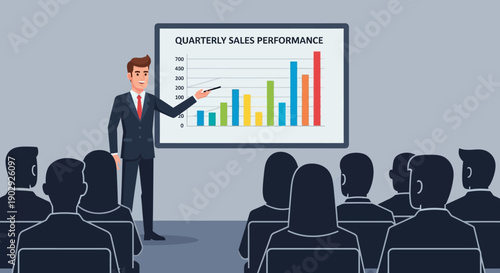 Business professional leading a dynamic presentation on quarterly sales performance and market analysis to an engaged audience, demonstrating growth and strategic insights