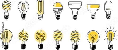 Collection of modern light bulbs including LED, fluorescent and vintage designs, energy efficient lamp illustration set for lighting and technology concepts