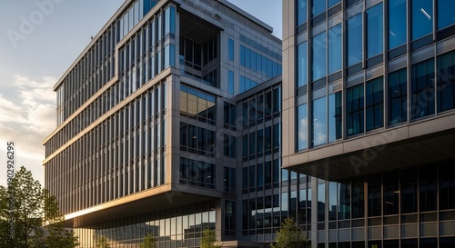 Modern Office Building with Glass Facade and Contemporary Design at Sunset