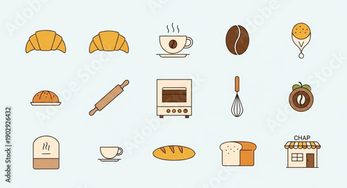 Collection of bakery and coffee shop icons and illustrations.