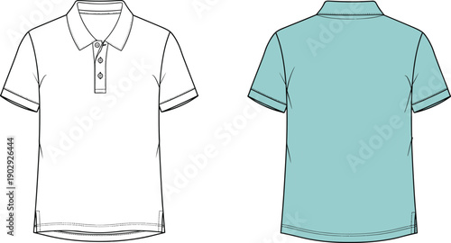 Blank polo shirt technical fashion illustration vector template with front and back views for men apparel design clothing mockup in white and teal blue