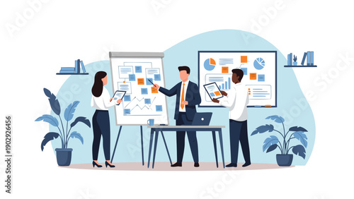 Vector illustration of business professionals collaborating on project strategy, analyzing data and discussing plans together