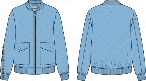 Light Blue Technical Flat Sketch of a Quilted Bomber Jacket Featuring Front Pockets Ribbed Cuffs and Zipper Detail for Fashion Design Apparel Mockup Templates