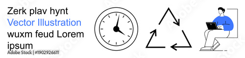 Time management, productivity, sustainability, recycling, workflow, remote work. Clock, recycling symbol person using laptop. Time management and productivity in modern workflows