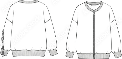 Technical Flat Sketch of an Oversized White Zip Up Sweatshirt Featuring Dropped Shoulders Ribbed Cuffs and Minimalist Design for Fashion Apparel Design Mockup Templates