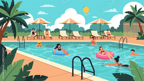Vibrant vector illustration of people swimming and relaxing at a sunny poolside resort scene