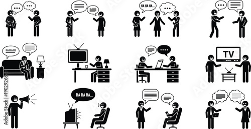 Communication icons showing people talking, chatting, watching TV, laughing and consulting in different situations, conversation symbols for media and messaging