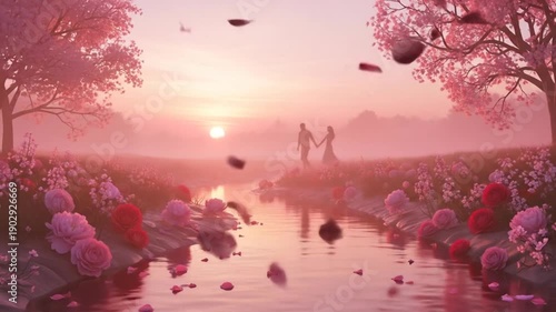 Romantic Sunset with Couple and Falling Petals by a Serene River.
