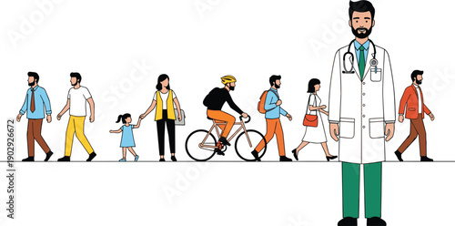Community people walking and commuting with central doctor figure, healthcare professional illustration symbolizing public health, medical support, everyday lifestyle concept
