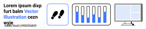 Text placeholder, footsteps icon, test tubes with blue liquid, computer monitor. Ideal for science, progress tracking, research, health tech, minimal design digital tools simple landing page