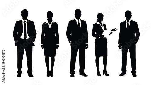 Black vector silhouettes of professional business men and women in formal suits standing in various poses isolated on white background.