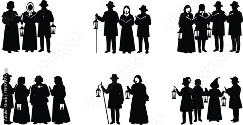 Vintage Christmas carolers in winter clothing, black silhouette illustration, lanterns and songbooks, festive holiday tradition, historical seasonal celebration, singing outdoors
