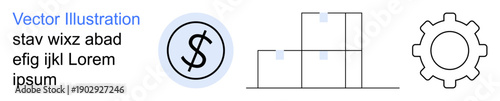 Business planning, industrial processes, logistics, financial strategy, production systems, workflow management. a dollar icon, stacked boxes and a gear. Business and logistics concept