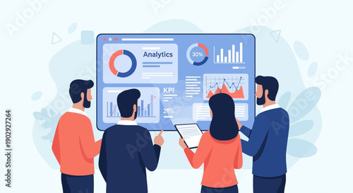 Business analytics team collaborating around a digital dashboard displaying charts and graphs for data analysis and strategic decision-making