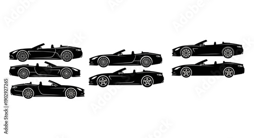 Collection of Black Sports Cars Isolated on White Background.